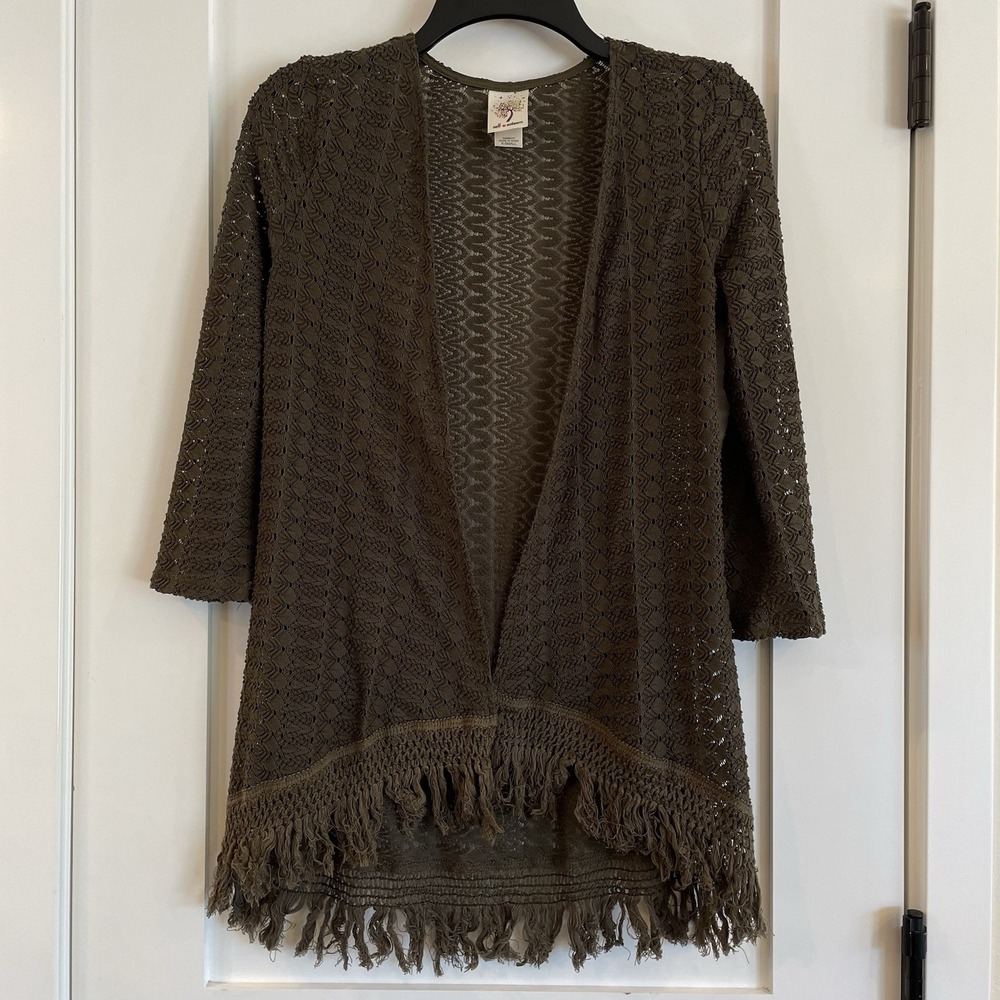 Boho Olive Cardigan Sweater XS Lace Fringe Crochet Hippie Witchy Cottagecore EUC